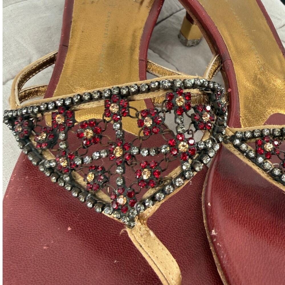 Giuseppe Zanotti Kitten Heel Thong Sandals Rhinestone Mesh Straps Gold Red 38 - Picture 2 of 7